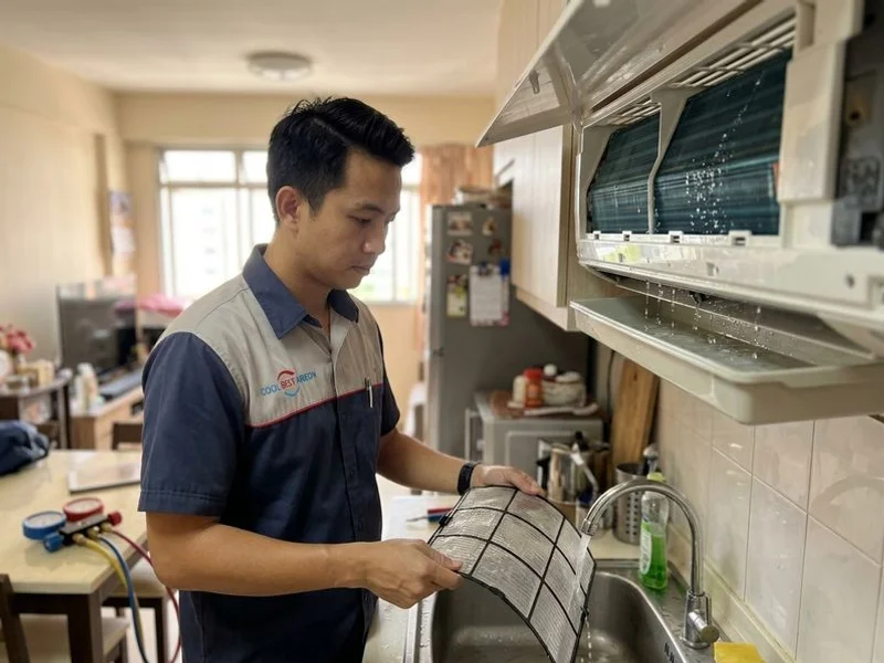 Coolbest Aircon technician servicing a wall-mounted aircon unit in a Singapore HDB home