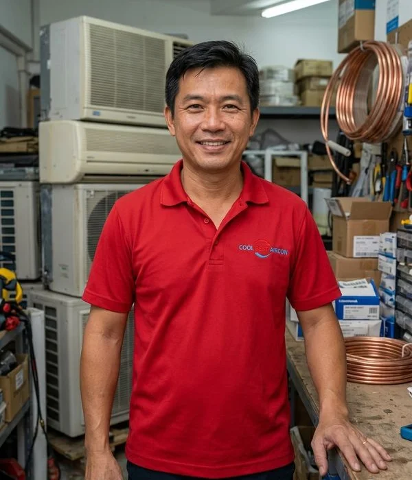 Mr Chong, founder of Coolbest Aircon, at the Jurong West workshop